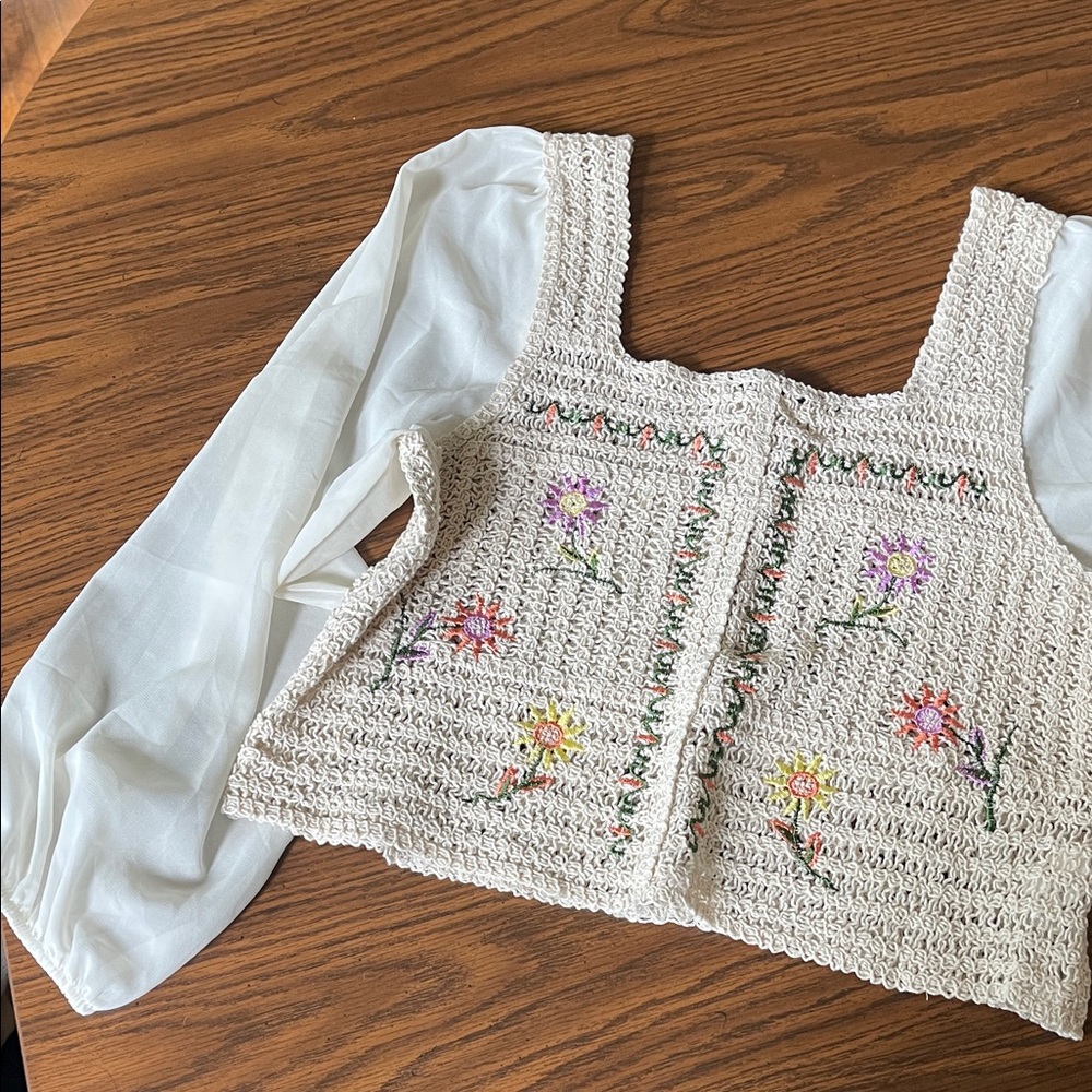 Embroidered Crochet Top with Sheer Sleeves